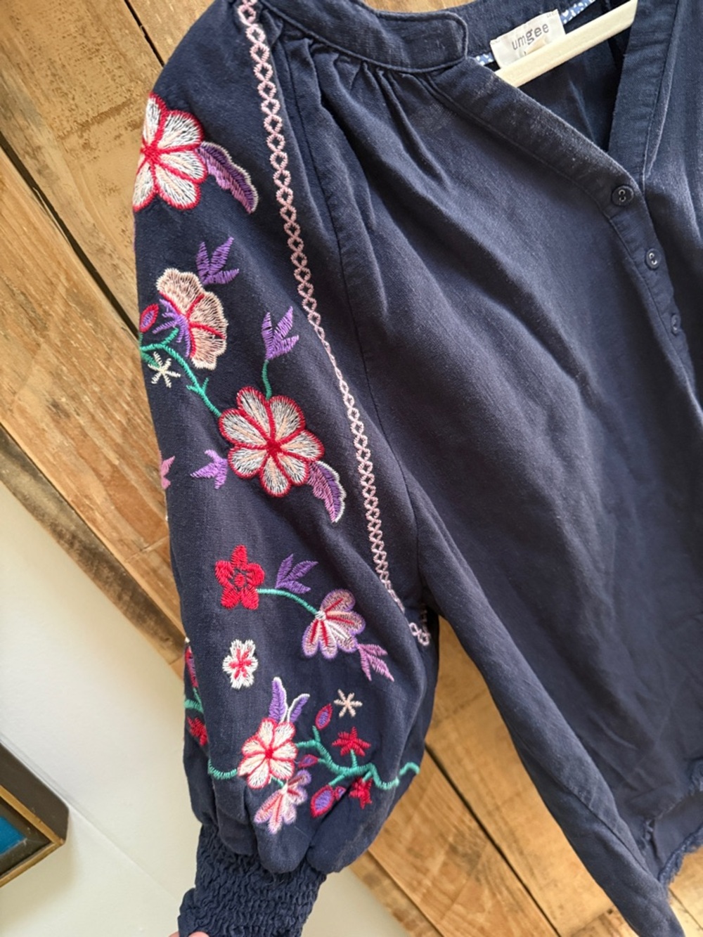 Umgee Navy Embroidered Blouse with Floral Sleeves - Picture 3 of 7